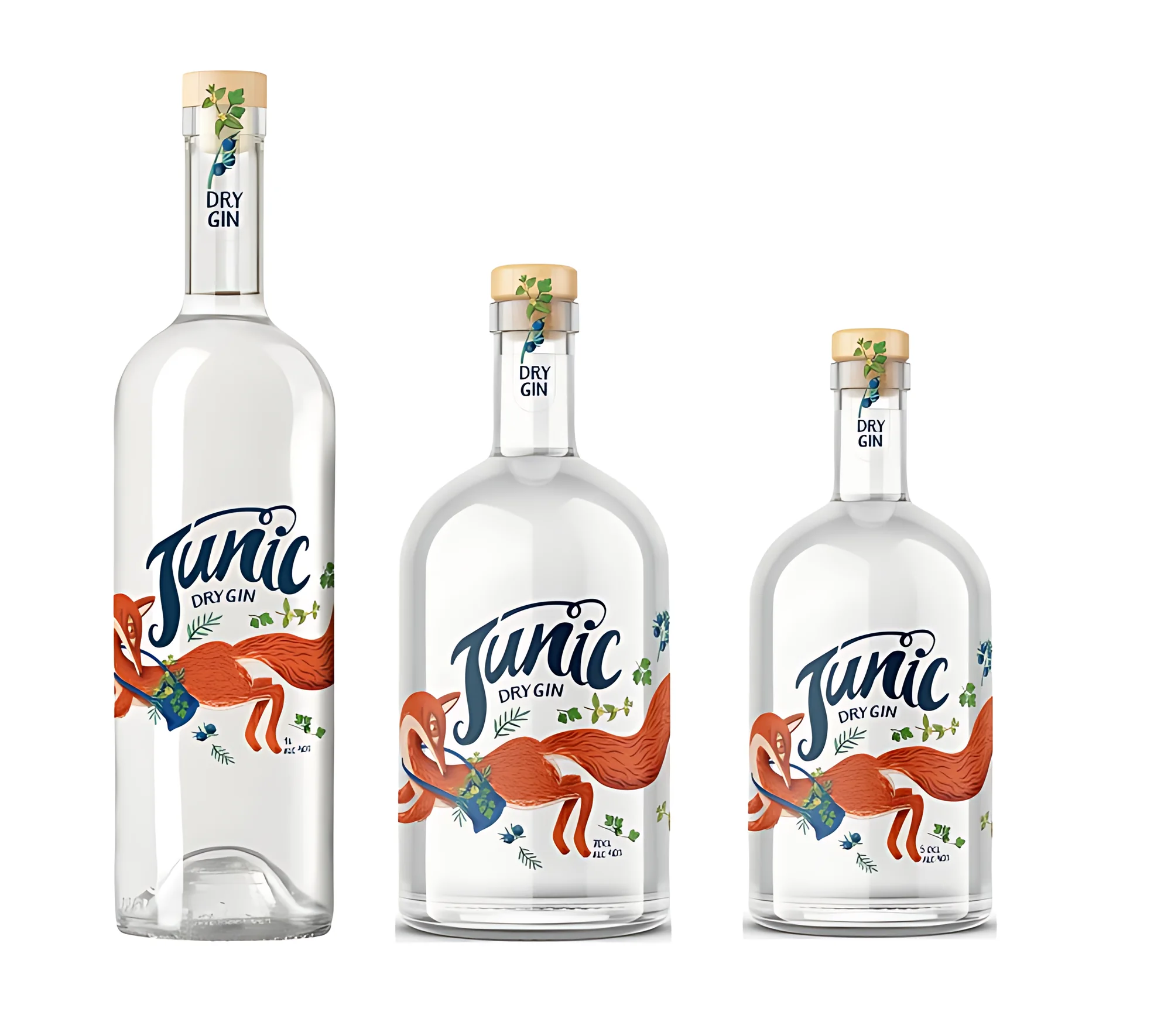 Junic Dry Gin üç farklı şişe boyutu