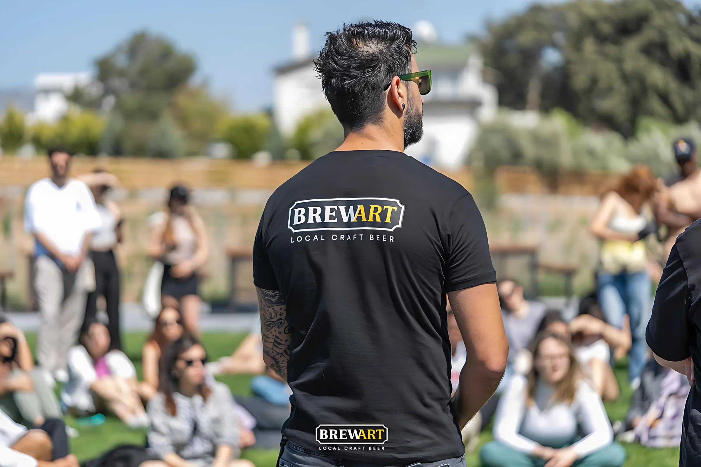 Brewart tişörtlü ekip üyesi bahçede